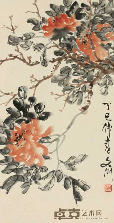 凌文渊 丁巳（1917年）作 花卉 立轴 88×44cm